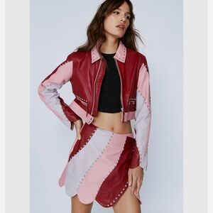 Nasty Gal Red and Pink Leather Jacket with Studs